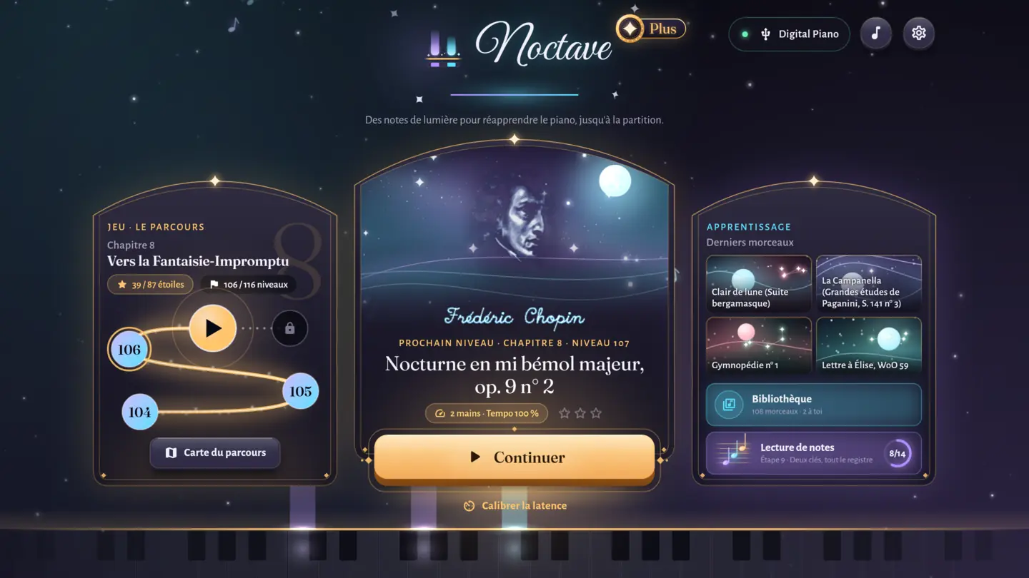 L'écran titre de Noctave : trois arches lumineuses sous un ciel étoilé. À gauche le parcours, chapitre 3, avec son sentier de niveaux ; au milieu le prochain niveau, Au clair de la lune, et le bouton Continuer ; à droite les derniers morceaux et la lecture de notes.